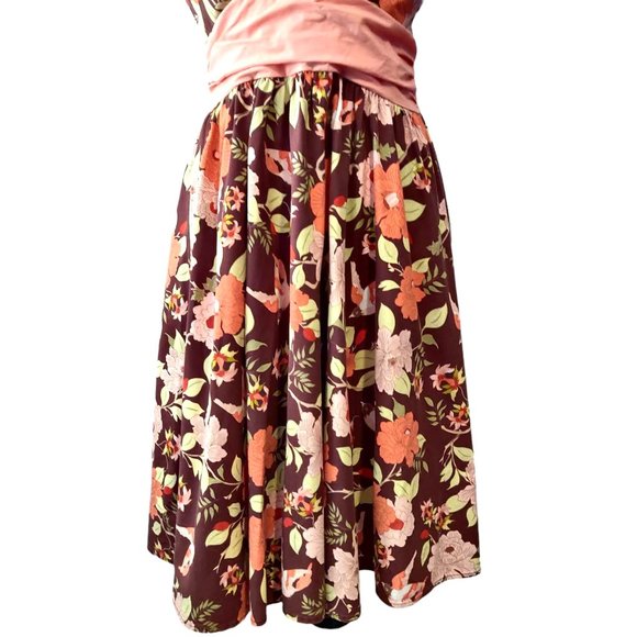 Folter Womens Brown Pink Floral Bird Crossover Bust Flare Skirt Retro Dress L - Picture 6 of 10